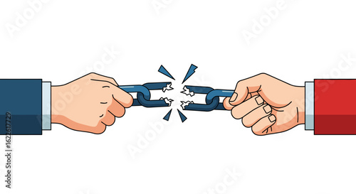 Two hands, one in a blue suit and one in a red suit, are pulling apart a broken chain, symbolizing disagreement, conflict, or a severed connection.