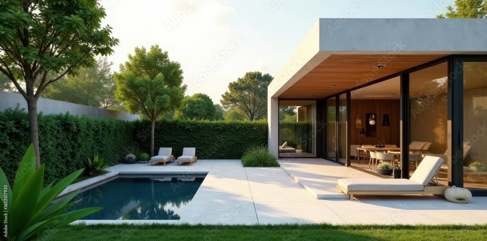 Fototapeta premium Modern minimalist home, private garden terrace , shadow, design