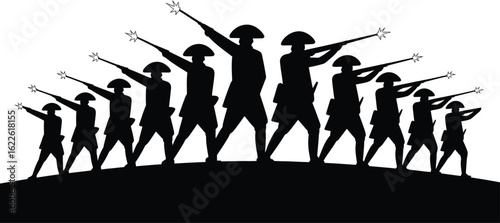 Silhouette of soldiers with rifles raised in formation against a white background