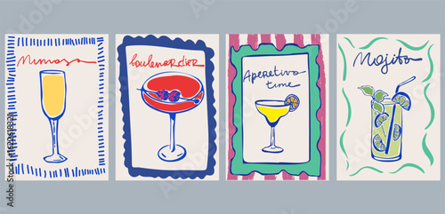 Set of Printable Cocktail Posters – Ink Style Illustrations of Classic Drinks: Daiquiri, Mojito, Mimosa, Aperol Spritz, and Boulevardier. La dolce vita style poster 