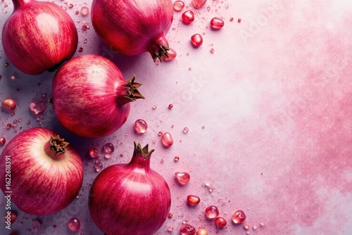 Pomegranate arils overhead, pink watercolor wash , healthy, graphic