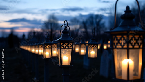 Rows of traditional metal grave lanterns illuminating cemetery at dusk  