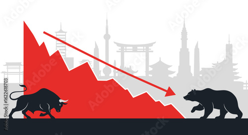 A black bull and bear stand on opposite sides of a downward trending red graph, symbolizing a financial market crash against a cityscape backdrop, representing global economic downturn and