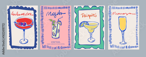 Set of Printable Cocktail Posters  – Ink Style Illustrations of Classic Drinks: Daiquiri, Mojito, Mimosa, Aperol Spritz, and Boulevardier. La dolce vita style poster 