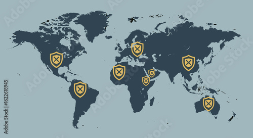 A world map illustration showcasing global security and protection with shield icons representing various locations, symbolizing safety and international cooperation.