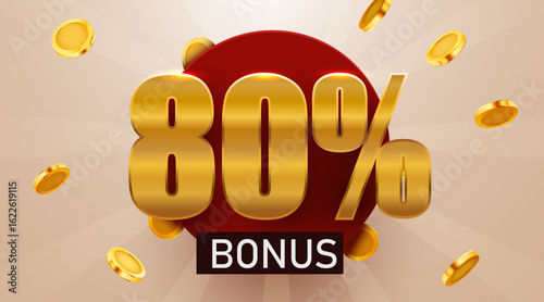 80 percent bonus with falling golden coins. Cashback or prize concept. Vector illustration