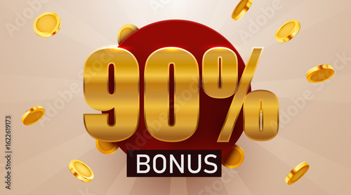 90 percent bonus with falling golden coins. Cashback or prize concept. Vector illustration