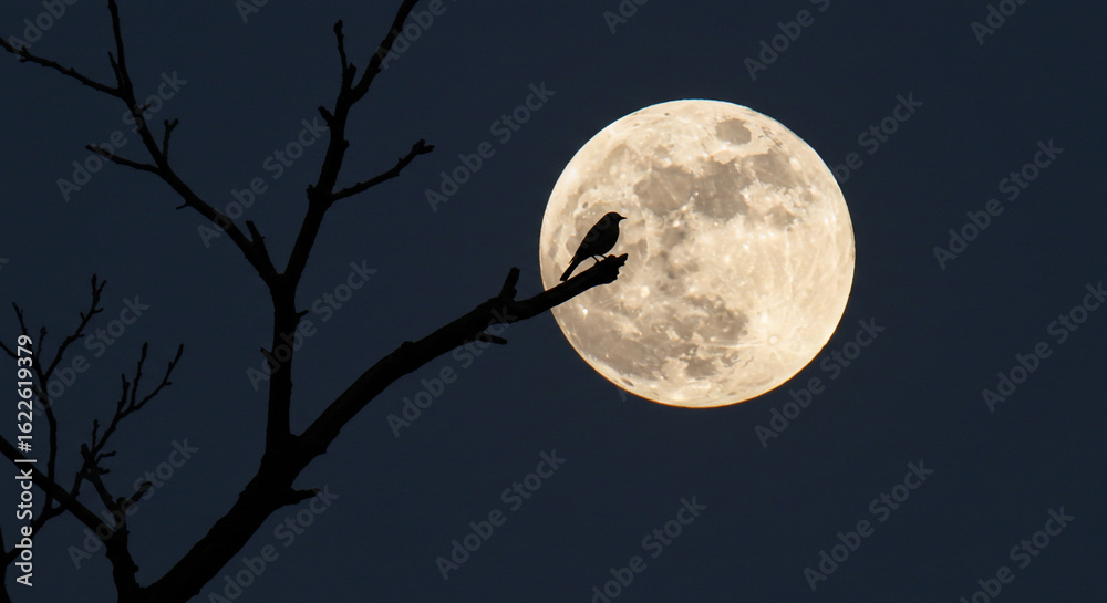 Naklejka premium Bird on Tree with Chuseok Moon Behind