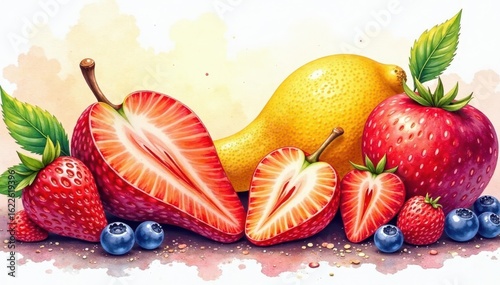Colorful watercolor fruit medley, vibrant hues , juicy, design element