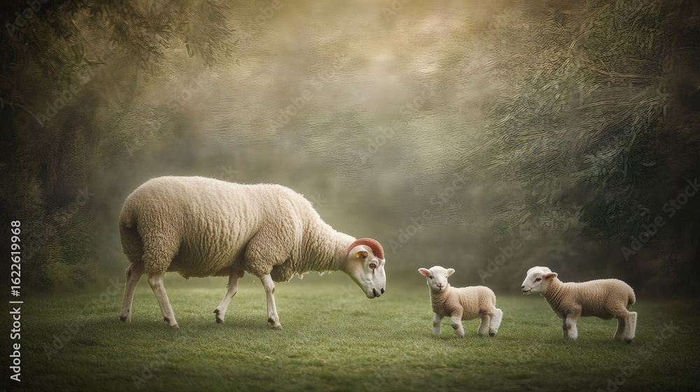 Fototapeta premium Gentle sheep and lambs in a misty meadow.