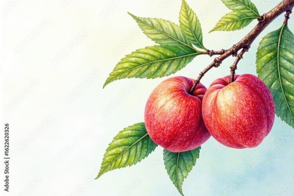 Obraz premium Hand-drawn peaches on branch, watercolor style , nature, illustration