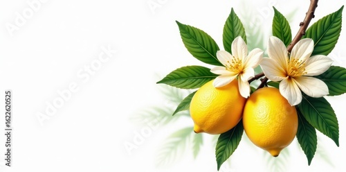Hand-painted tropical fruit branch with lemons & blooms, white backdrop , cloth, bloom