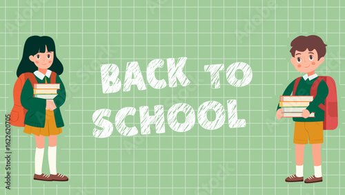 Cute schoolchildren boy and girl holding school books. Little kids schoolchildren with backpacks and school books. Vector illustration back to school with schoolchildren.