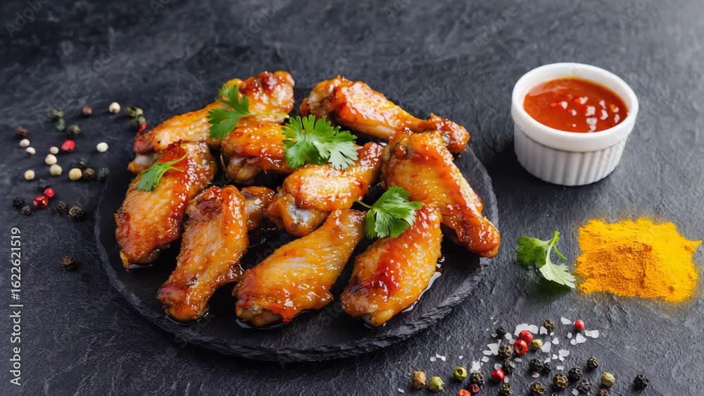 Glazed chicken wings with a rich caramelized coating on a black plate. restaurant menu, food promotion, and culinary advertisement.