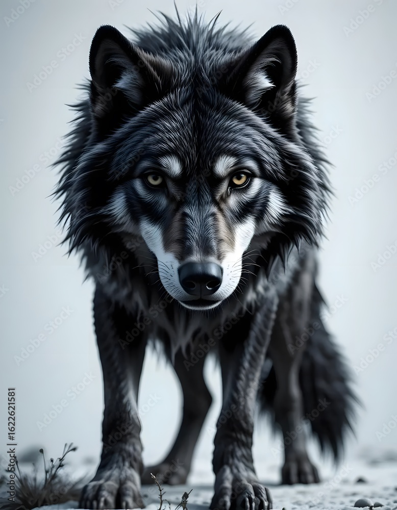 Fototapeta Majestic Dark Wolf: A Striking Portrait of Canine Wildness in the Bleak Landscape