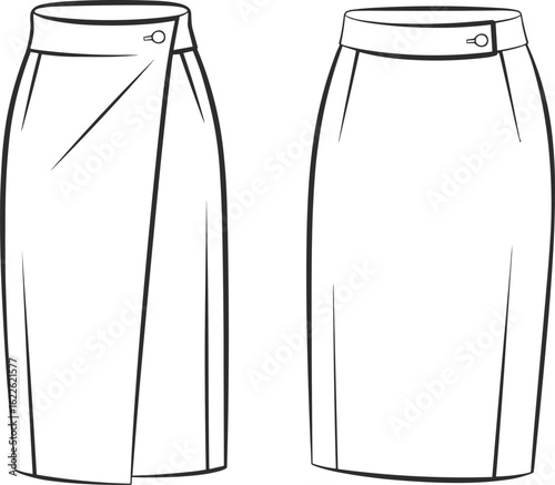 Flat technical vector drawing of wrap pencil skirt, front and back view, fashion cad template, minimal clothing illustration, stylish apparel design