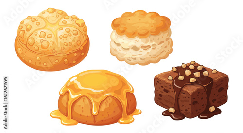 Illustration of assorted desserts including a brownie, cake, and pastries on a white background
