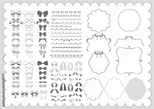 手書き風のリボンセット　モノクロ