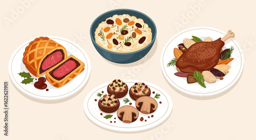 Assortment of gourmet dishes including beef wellington, risotto, duck leg, and stuffed mushrooms