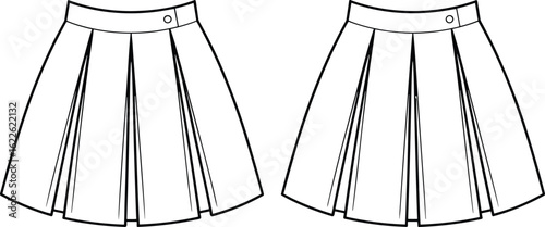 Flat vector sketch of pleated skirt design, front and back view, cad drawing, fashion template, technical clothing illustration, minimal outline