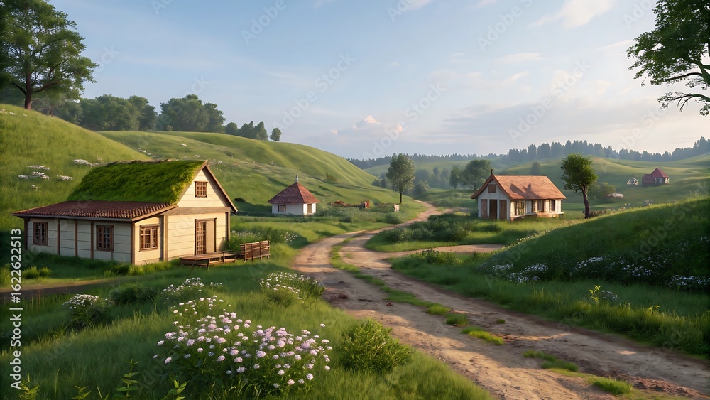 Obraz premium Verdant rolling hills dotted with charming cottages countryside village