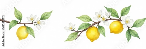 Delicate watercolor painting of a lemon branch with blossoms, white backdrop , simple, illustration