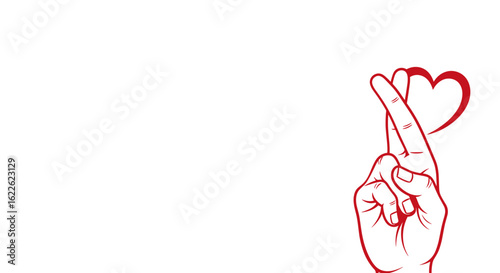 Simple concept of luck and love with crossed fingers heart shown in graphic style. Crossed fingers show simple concept of luck and love, presented with delicate line work and a small heart accent.