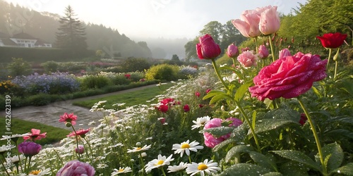 Vibrant pink and red roses and tulips blooming in a misty garden image