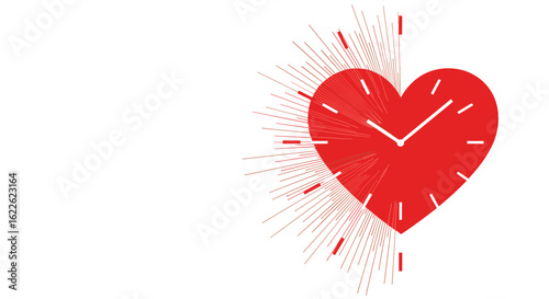Ticking heart clock on white background signifies the importance of time for cardiac health. Abstract ticking heart clock shows symbolic urgency and awareness,
