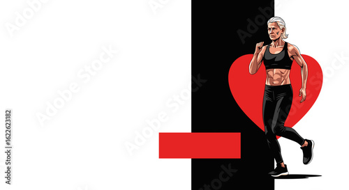 Senior fitness concept shows active senior woman jogging against a symbolic heart backdrop, representing vitality in later years. Senior fitness concept inspires healthy lifestyle choices,