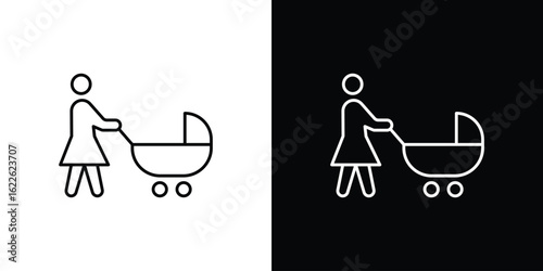 Woman with Baby Stroller icon vector logo outline. thin line symbols