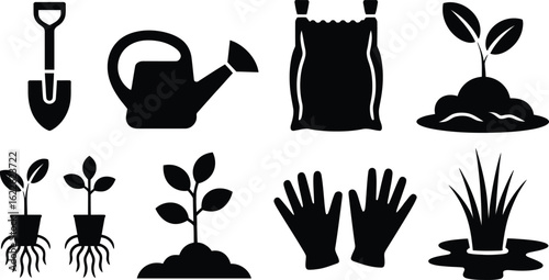 Collection of gardening tools and plants in silhouette