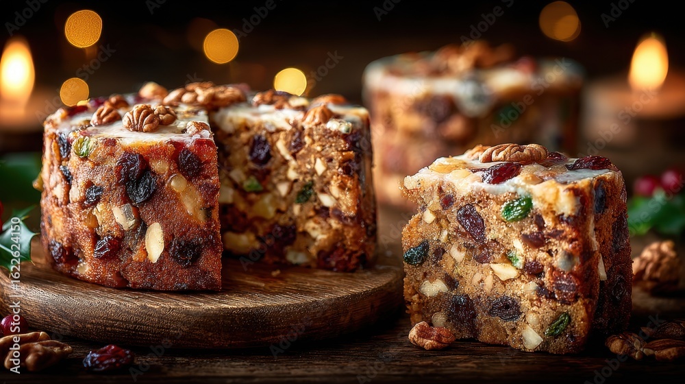 Fototapeta premium Festive Fruit Cake with Nuts on Wooden Board and Candlelight Background