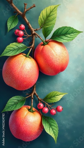 Pink grapefruit branch with leaves and fruit, watercolor style, ripe, illustration