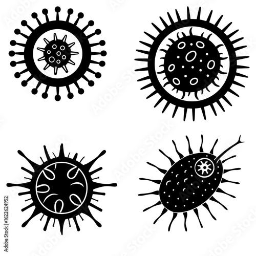 Illustration of four stylized black and white virus or bacteria cells with spiky projections and internal details