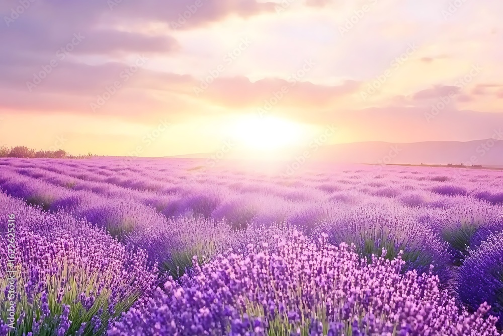 Naklejka premium Endless field of blooming lavender stretching into the horizon under a pastel sunset sky -