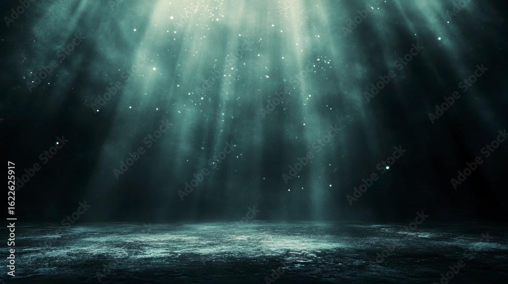 Obraz premium Dark teal background with light rays and particles.