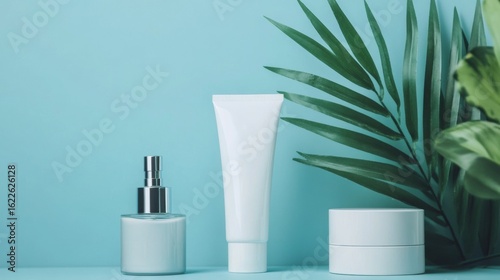 Wallpaper Mural Skincare product set with palm leaves on pastel blue background clean beauty minimal packaging concept Torontodigital.ca