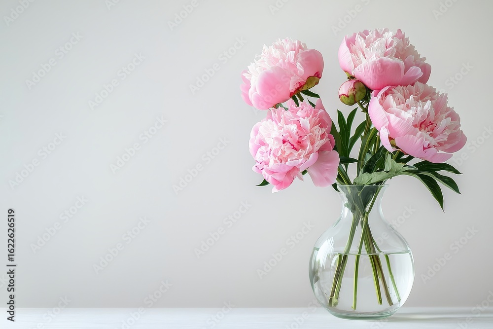 Fototapeta premium Pink peonies in glass vase on white table with white background, minimalist studio style, clean and elegant composition