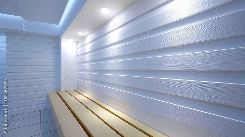 Obraz premium Modern interior with white textured wall and wooden bench under soft ceiling lights creating calm and clean atmosphere in room