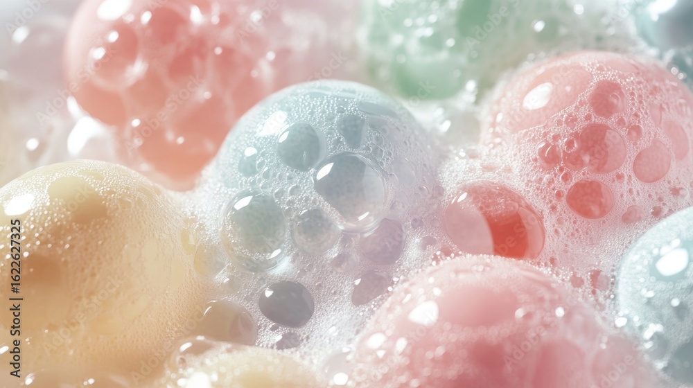 Obraz premium Close up of colorful bubbles in soapy foam with soft lighting pastel rainbow abstract texture background