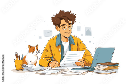 Programmer reviewing documents with a pet isolated