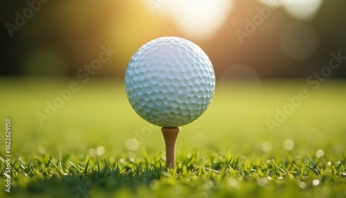Close-Up of a Golf Ball on a Tee in a Sunlit Green Field