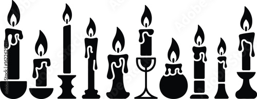 Collection of silhouette candles with flickering flames in various styles