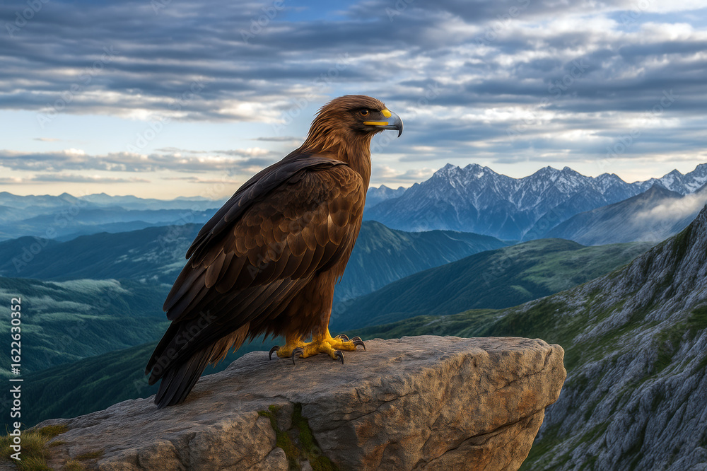 Fototapeta premium Golden eagle perched on rock against mountain backdrop