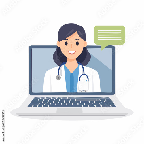 Telemedicine Consultation: A warm and reassuring female physician is on a video call, engaging in remote medical consultation using her laptop.