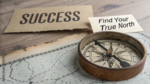 Vintage Compass on Map with Notes About Success and True North