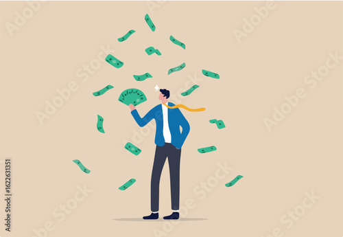 Earn money make profit from investment, savings, income or salary increase, get rich and earn more wealth concept, happy businessman millionaire holding easy money banknotes as financial success.