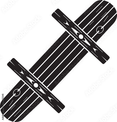 A stylized black and white graphic illustration of a traditional wooden toboggan sled with wood grain details