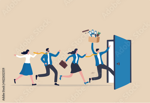 Great resignation, employee resign, quit or leaving company, people management or human resources problem concept, business people employee resign and walk through exit door.